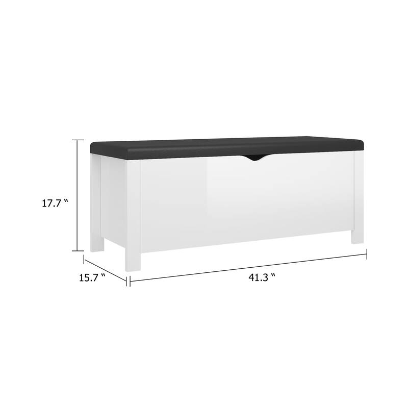Storage Box Bench w Seat Cushion, White Wood, 41 Inch Black Faux Leather
