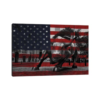 iCanvas "New York - Wall Street Charging Bull, US Flag" by iCanvas Canvas Print