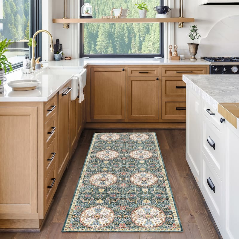 Gertmenian Crystal Print Soft Flat Pile Polyester Slip Resistant Washable Indoor Printed Area Rug Collection - 2' 2" x 6' - Kiran Green - Runner
