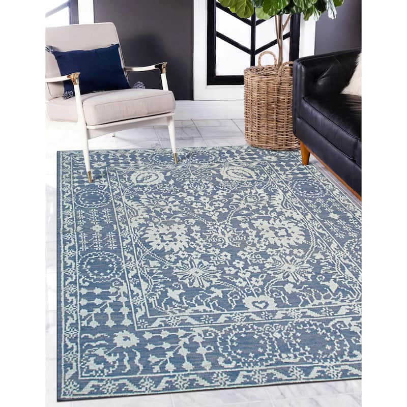Handknotted Wool/Bamboo Silk BLUE Traditional Geometric Agra Rug - 8' x 10' - 8' x 10' - Blue