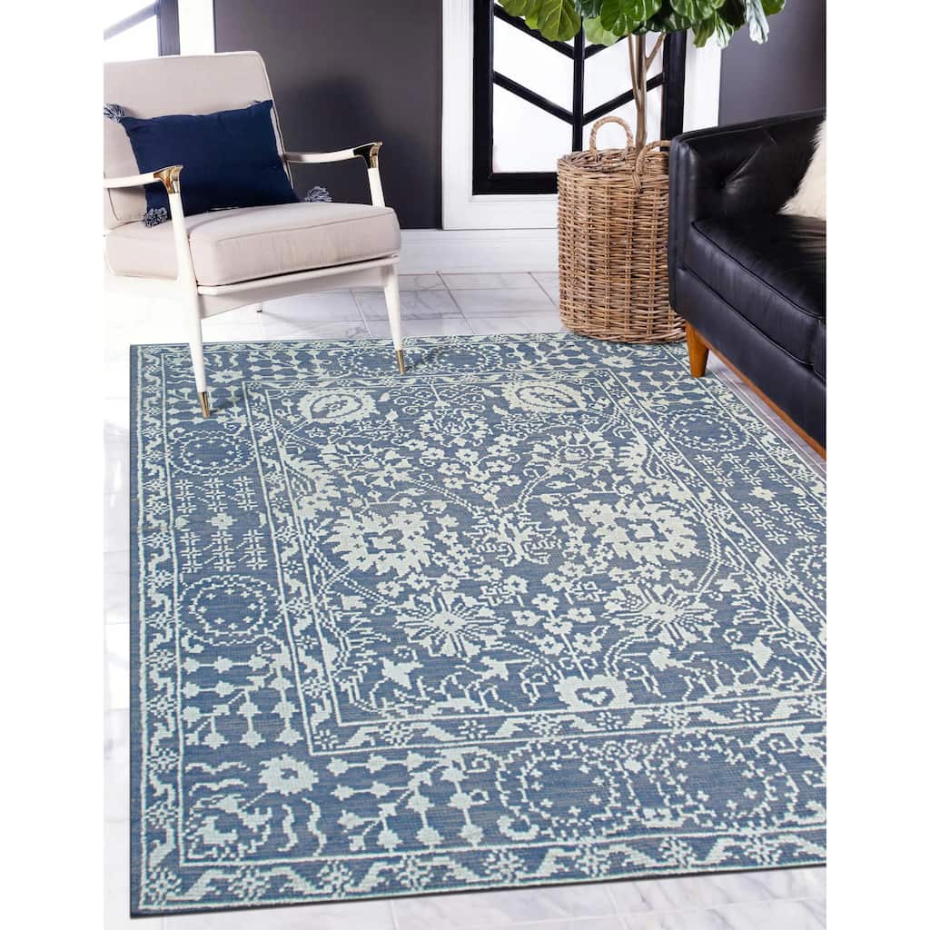 Handknotted Wool/Bamboo Silk BLUE Traditional Geometric Agra Rug - 8' x 10'
