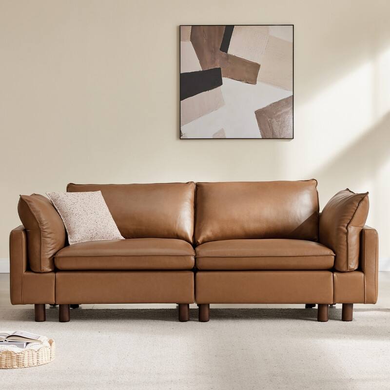 Spruce & Spring Modular Cloud Couch Sofa with Wood Legs for Living Room - Brown-Leather-2PC