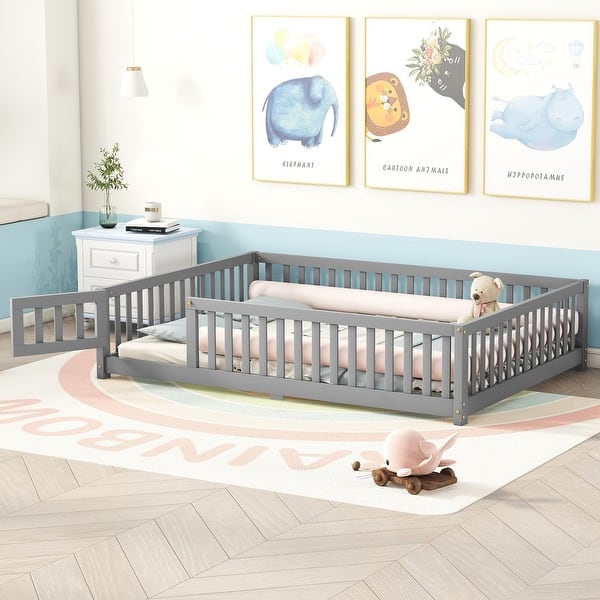 slide 2 of 14, Gray Full Size Pine Floor Bed with Guardrails & Door Full - Gray