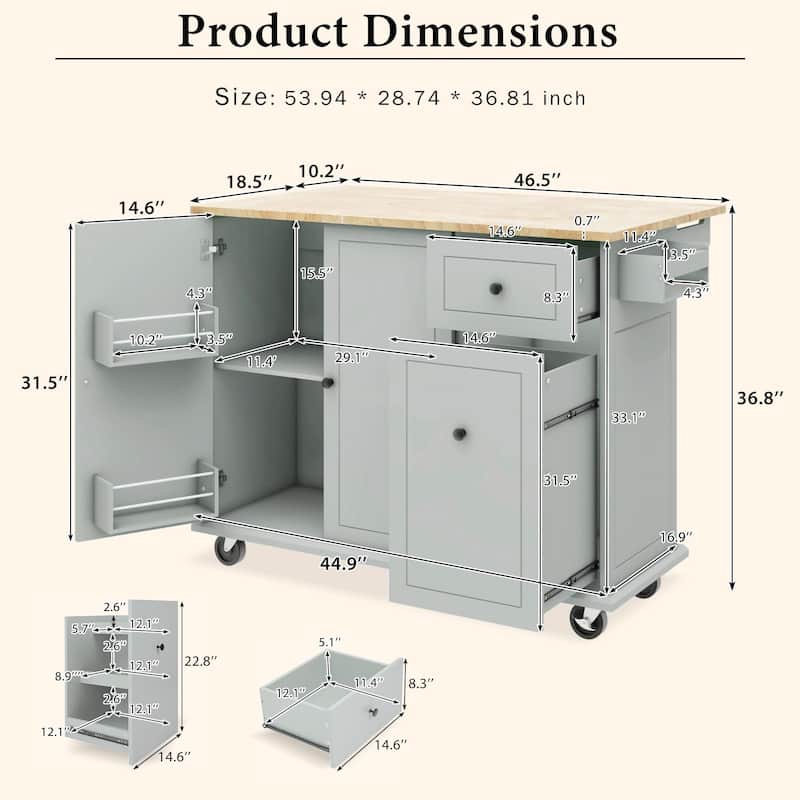 Rolling Kitchen Cart with Drop Leaf, Storage Rack, and 3-Tier Cabinet Organizer