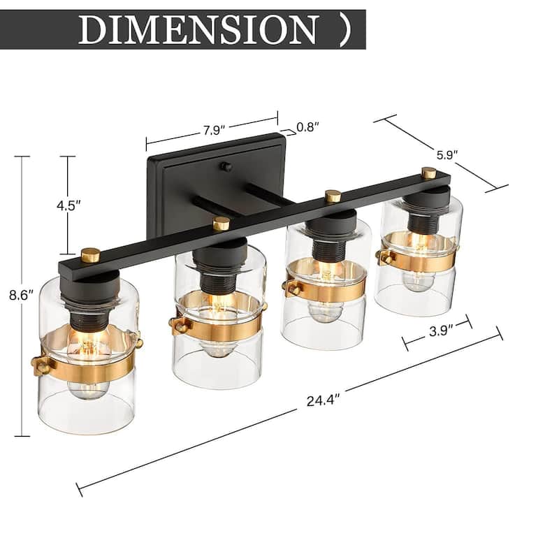 Modern 4-Light Bathroom Vanity Light,Fixtures Over Mirror with Clear Glass,White or Black and Gold Finish