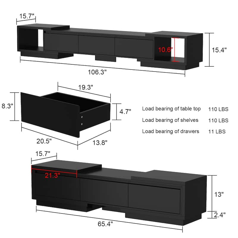 Modern Style Extendable TV Stand with 3Drawer White/Black 65.4"-106.3"