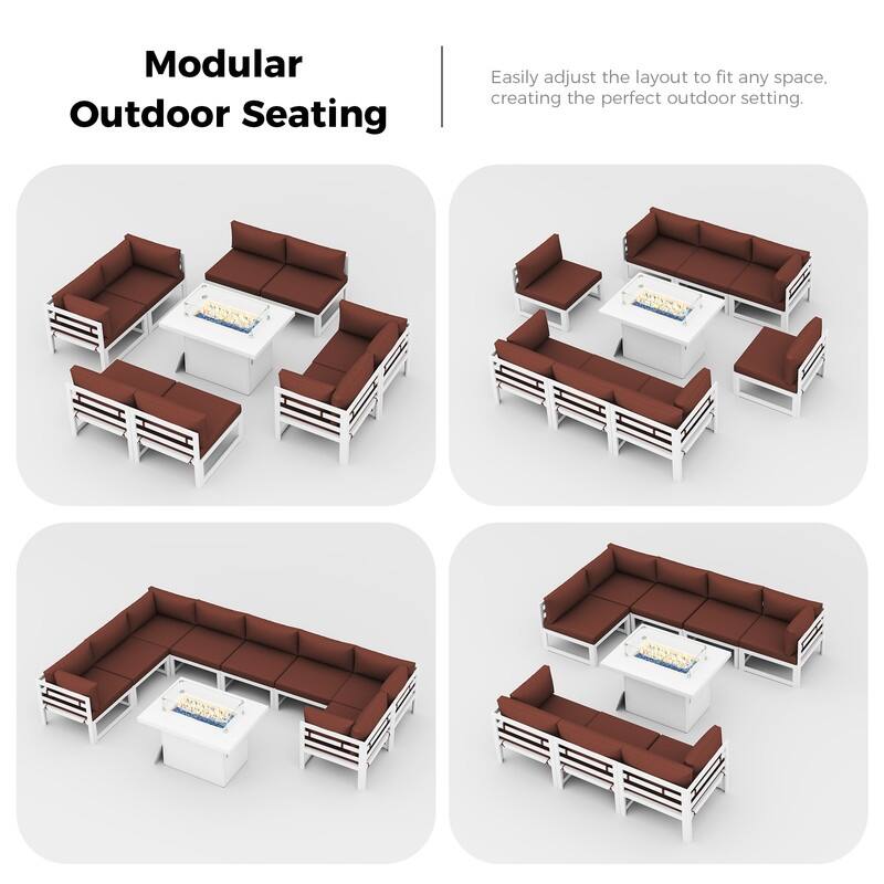 9-Piece Aluminum Outdoor Furniture Set With Fire Pit Table Propane/Natural Gas 60,000 BTU, Extra Large Aluminum Patio Sectional