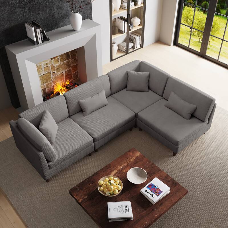 4-Piece Modern Corduroy Modular Sectional Sofa with pillows For Living Room - Light Grey