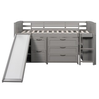 Twin Low Loft Bed with Slide, Drawers & Guardrails - Sturdy Wood Frame