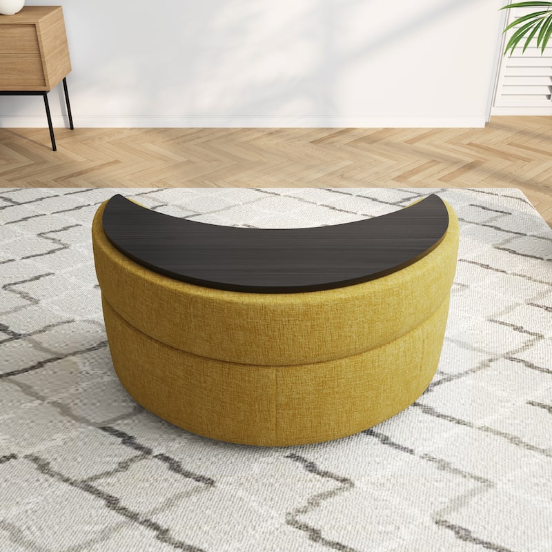 Upholstered Chenille Boucle Half Moon Storage Ottoman with Tray