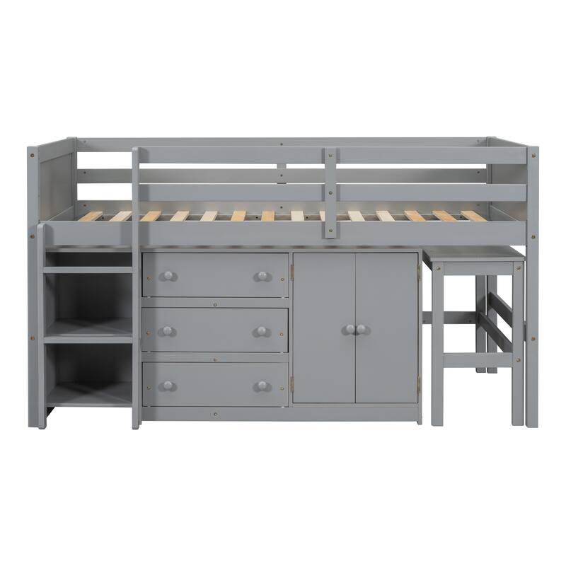 Low Loft Bed for Kids Twin Size Storage Bookcase Bed Frame with Pull-out Desk, 3 Drawers and Cabinet and Shelves