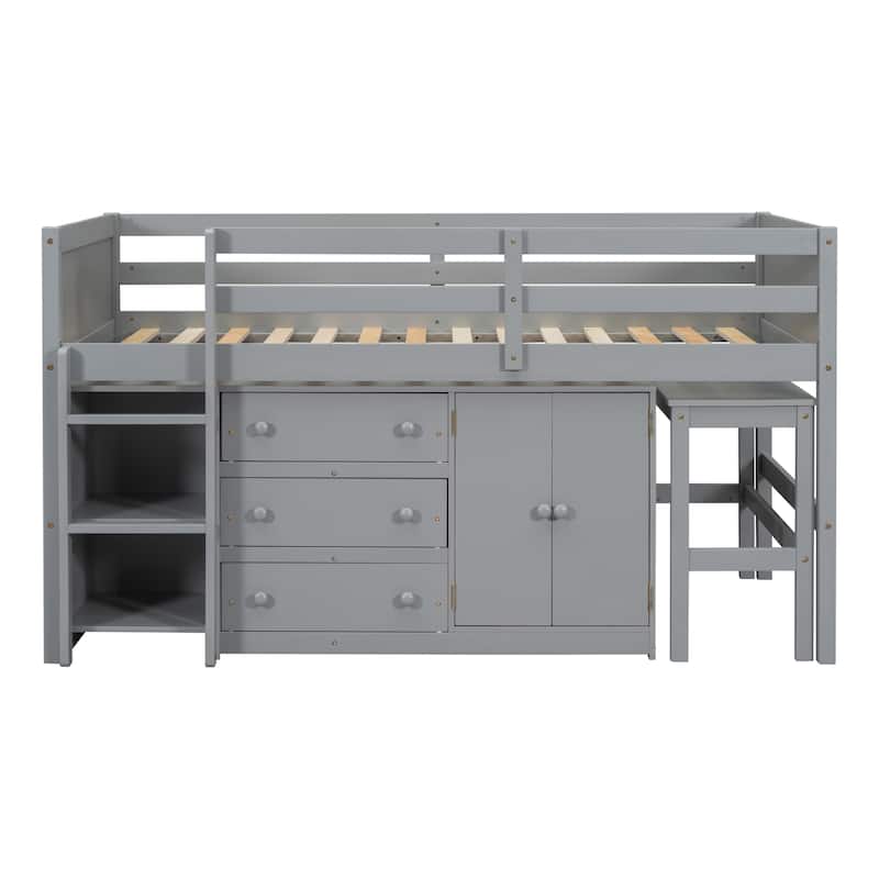 Twin Size Low Loft Bed with Pull Out Desk,Drawers,Cabinet and Shelves
