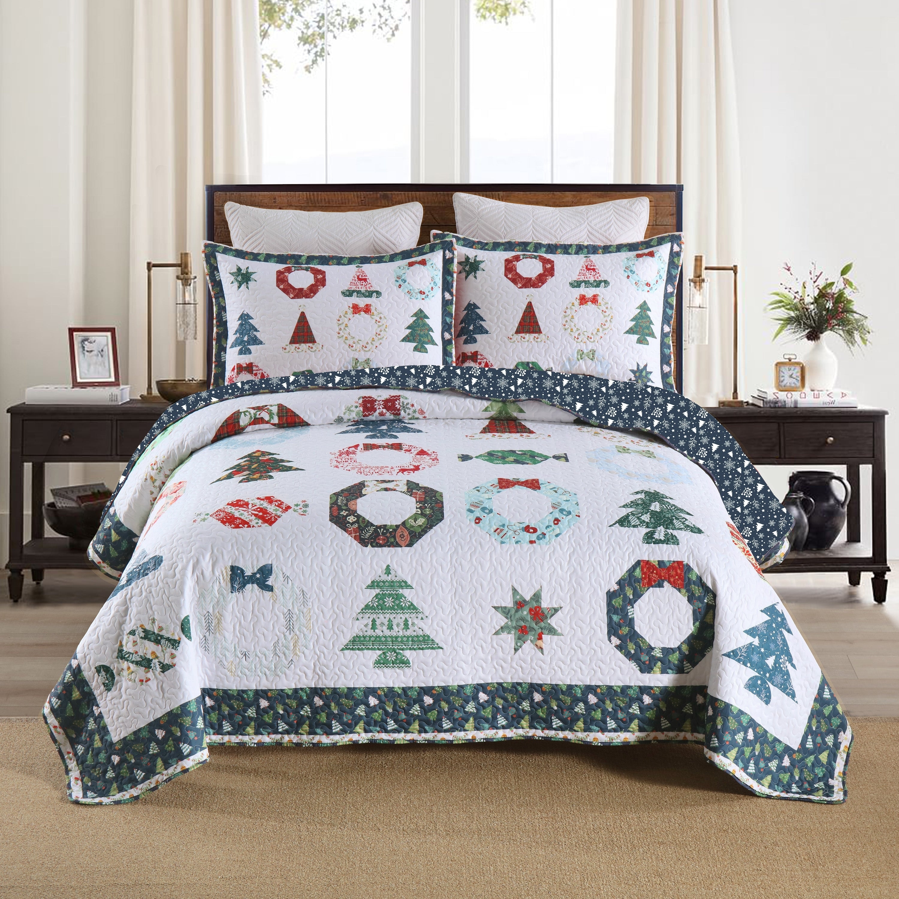 MarCielo Polyester Christmas Quilt Bedspread Set Candy Blue