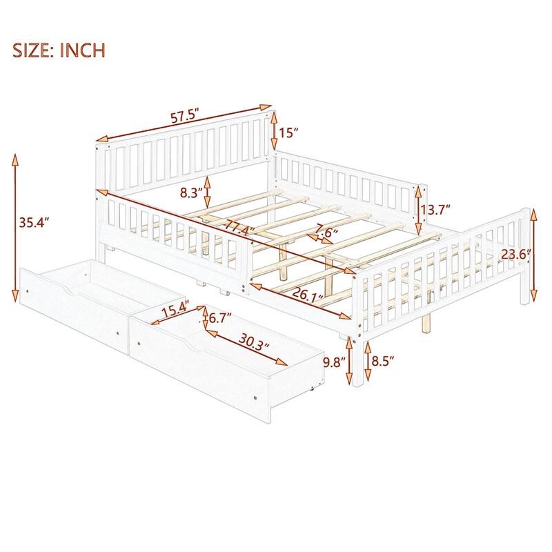 Full Size Wood Platform Bed with Guardrails on Both Sides and 2 Drawers