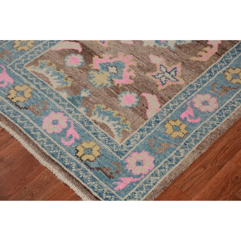 Hand Knotted Oriental 100% Wool Carpet Transitional Floral Brown Oushak Runner Rug - 15' 3'' X 3' 4''