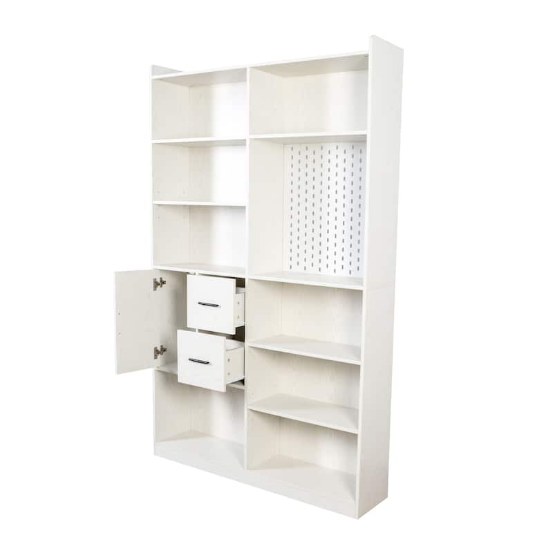 9 Cubby Display Book Shelves, Modern Wide Wood Shelving Bookshelf and Bookcase with Pegboard and Drawer