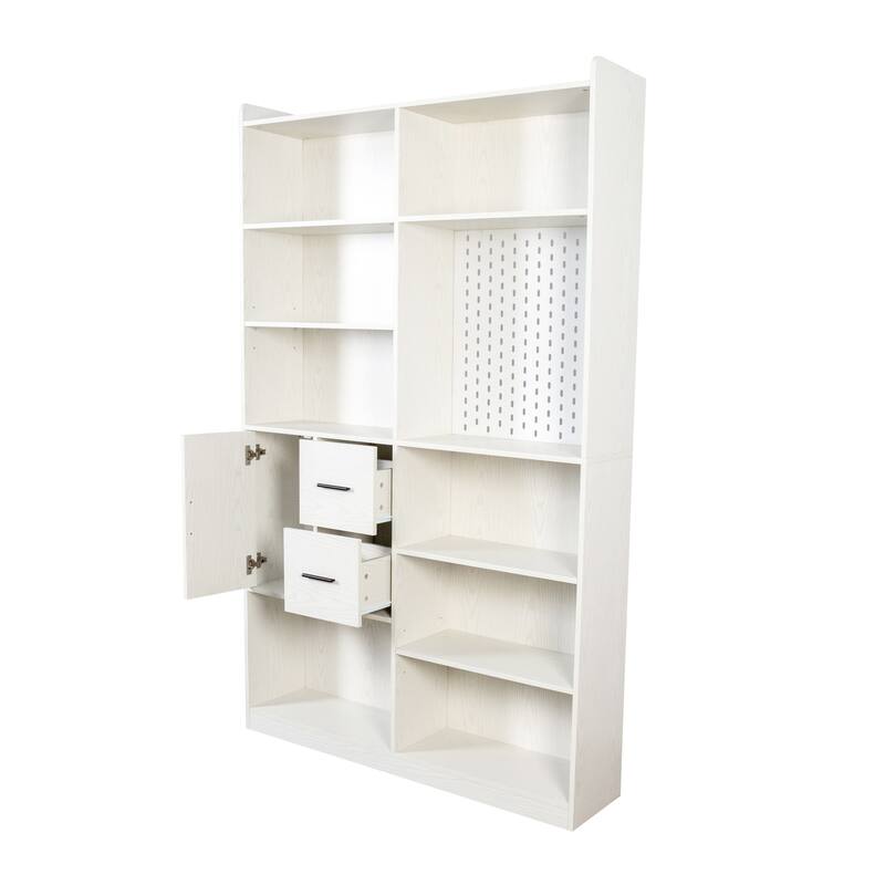 Bookshelf Bookcase with Pegboard Drawer 9 Cubby Display Modern Wide Wood Shelving Unit White Living Room