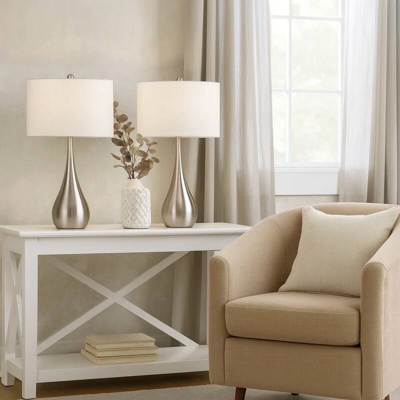 Ege Table Lamp Set of 2, Teardrop Brushed Steel Base, White Shade