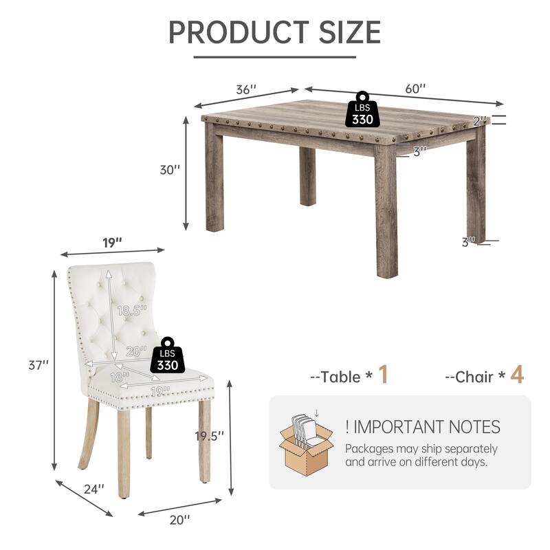 Mordern Fort Vintage Dining Table Set, Tufted Upholstered Chairs with Studded Trim