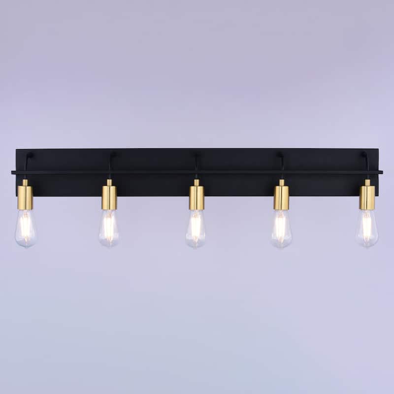 Seward Park 5-Light 36 in. W Black and Satin Brass Gold Bare Bulb Industrial Bathroom Vanity Lighting Fixture, Full Backplate