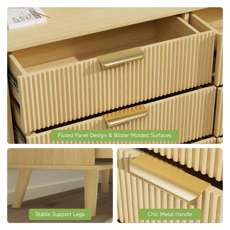 Gymojoy 9 Drawer Dresser, 63" Wide Fluted Wood Chest of Drawers with Gold Handles, Modern Storage Organizer for Closet