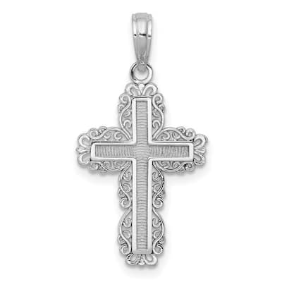 Curata 14k White Gold Ornate Filigree Textured Cross Necklace 14mm x 20.9mm