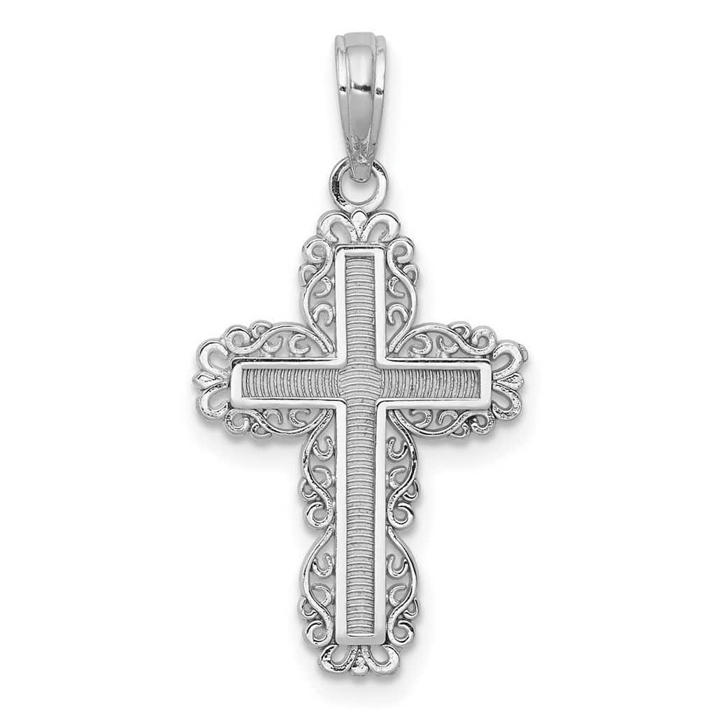 Curata 14k White Gold Ornate Filigree Textured Cross Necklace 14mm x 20.9mm