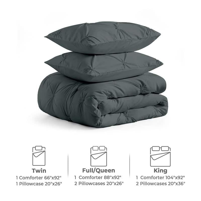3 Piece Pintuck Pinch Pleat Comforter Set, Bedding Set for All Season, Charcoal Gray