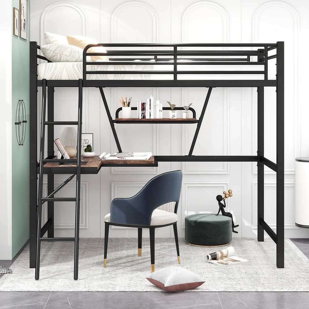 Twin/Full Size Loftbed Frame with Ladder and Guardrail, Versatile Metal and MDF Loft Bed with Built In Desk and Storage Shelf