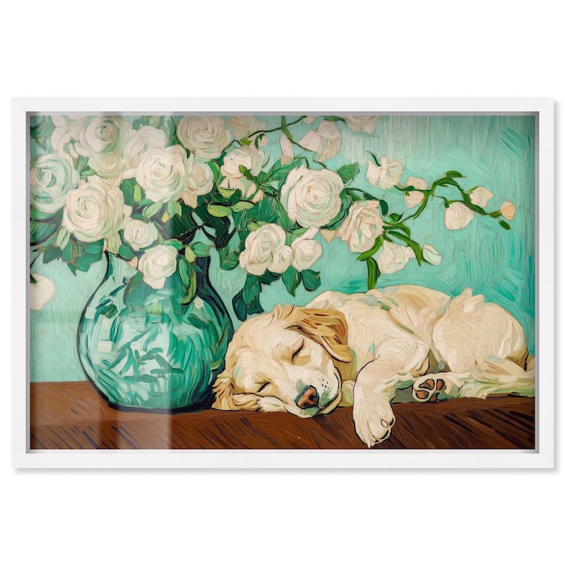 Rose Vase Puppy Shadowbox by Art Remedy - White - 24" x 16"