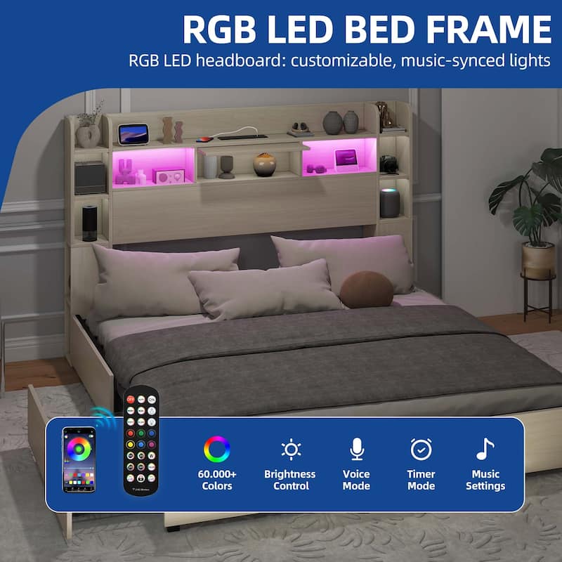 Queen/King Size LED Bed Frame with Bookcase Headboard, 4 Storage Drawers and Charging Station