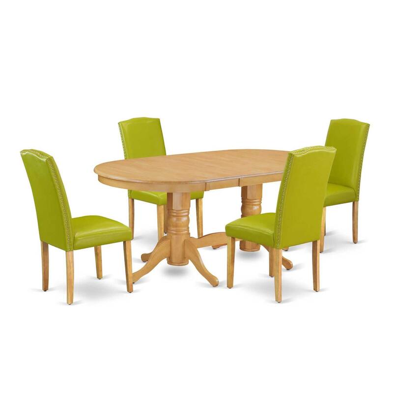 Mid-Century Dining Set 4 Person - Table with Leaf & 4 Parsons Chairs - Autumn Green PU Leather
