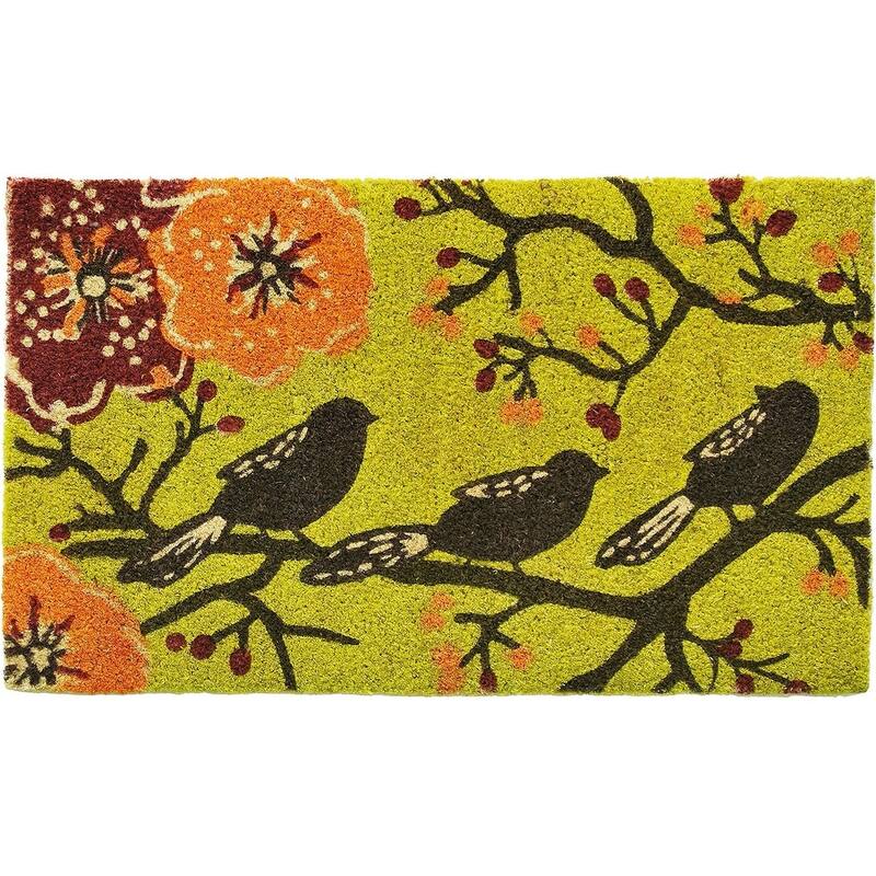 HomeRoots 17" X 29" Green Black And Orange Floral Birds Outdoor Coir Door Mat - 17.00' X '29.00