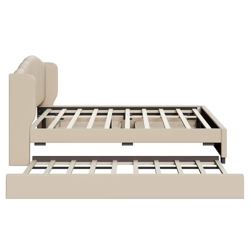 Queen Size Upholstered Bed Frame with Wingback Headboard Trundle and 2 Drawers, Center Support Legs Platform Bed Frame