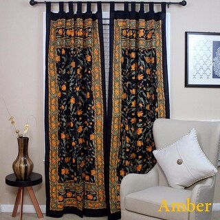 Handmade Cotton Tree Of Life Tab Top Curtain Panel 44x88 - Black Purple Block Print