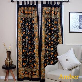 Handmade Cotton Tree Of Life Tab Top Curtain Panel 44x88 - Black Purple Block Print