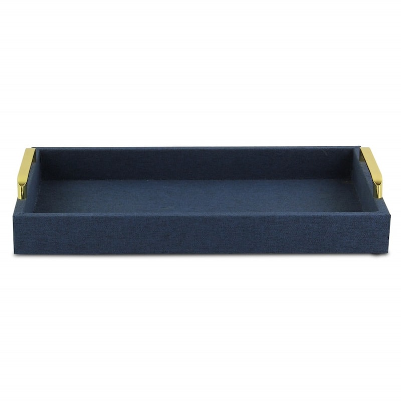Navy Blue Linen and Wooden Tray - 18 W x 14 D x 7 H
