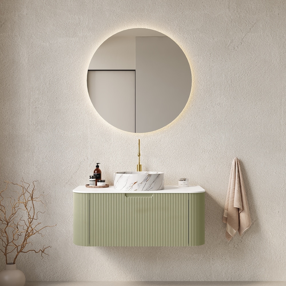 24 Inch/30 Inch/36 Inch Wall-Mounted Bathroom Vanity Cabinet with Counter Top Sink, Round Ceramic Basin with Stone Pattern