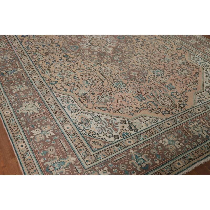 Geometric Peach Tabriz Persian Vintage Rug Hand-Knotted Wool Carpet - 8'1"x 11'3"