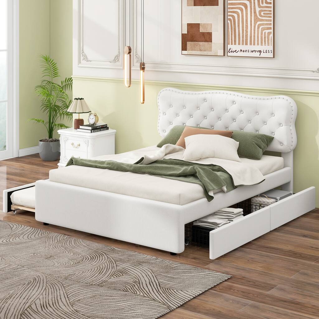 White Full Size Platform Bed With Storage Drawers And Trundle