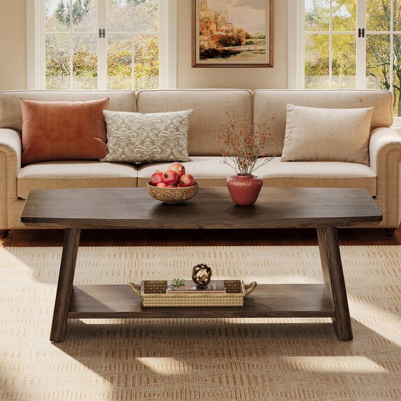 2-Tier Rustic Solid Wood Coffee Table, 47-Inch Farmhouse Coffee Table