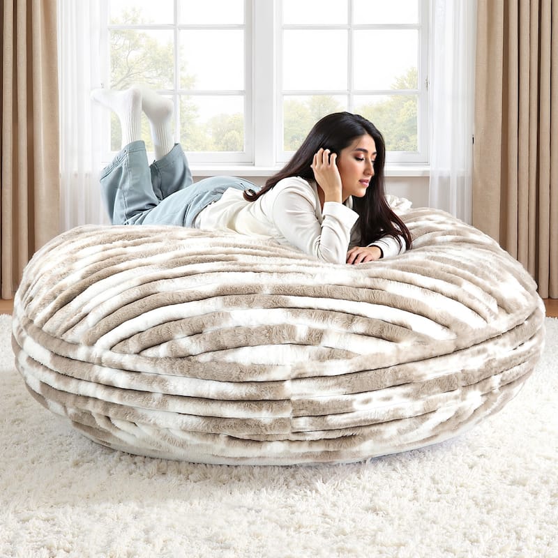 5-foot Round Plush Corduroy Convertible Bean Bag Chair Lounge - White Brown