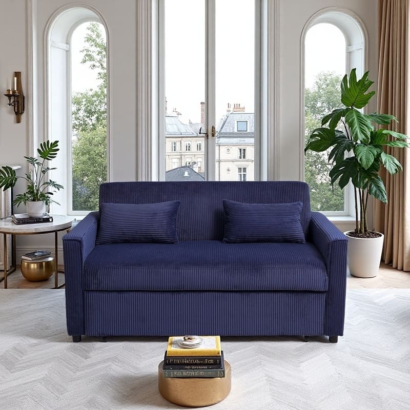 Convertible Sofa Bed 3-in-1 Sleeper Sofa Pull-Out Bed with Adjustable Backrest and Pillows, Corduroy Loveseat for Living Room - Blue