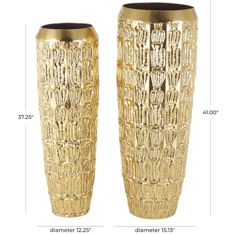 Metal Tall Decorative Vase with Grooved Patterns - Set of 2 Gold - Roche River Decor