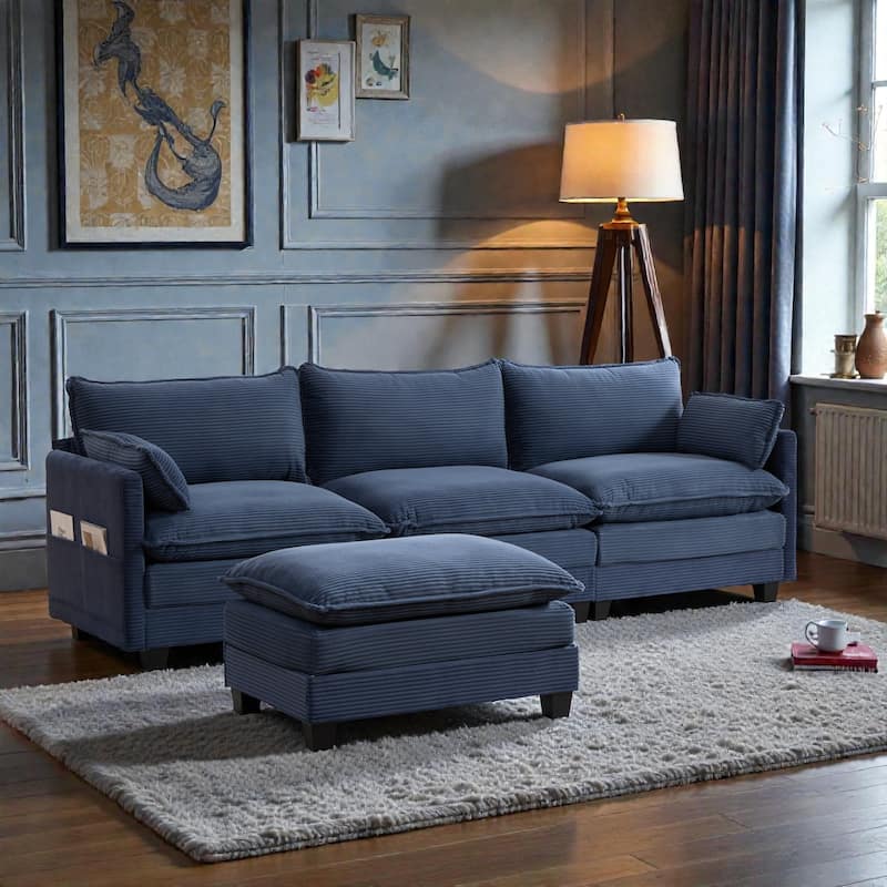 Oversized Modular Sectional Sofa with Ottoman, 102 Inch 4 Seat Corduroy L Shaped Couch for Living Room