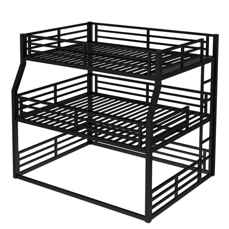 Space-Saving Metal Triple Bunk Bed with Safety Guardrails, Full/Full XL over Queen over Queen, Heavy-Duty Black Frame