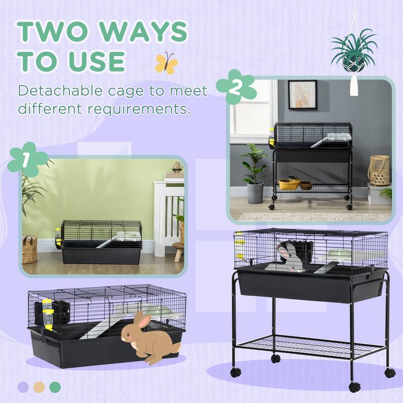 Small Animal Playpen Cage with Stand, Wheels & Storage Shelf - 33" L x 18.5" W x 35.25" H