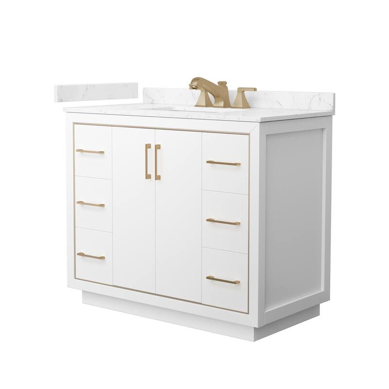 Wyndham Collection WCF1111-42S-VCA-US3MXX Icon 42" Free Standing - White / Carrara Cultured Marble Top / Satin Bronze