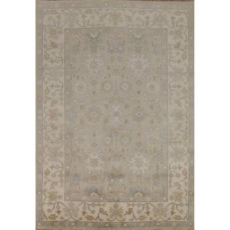 Transitional Beige Oushak Indian Area Rug Hand-Knotted Wool Carpet - 6'2" x 8'11"