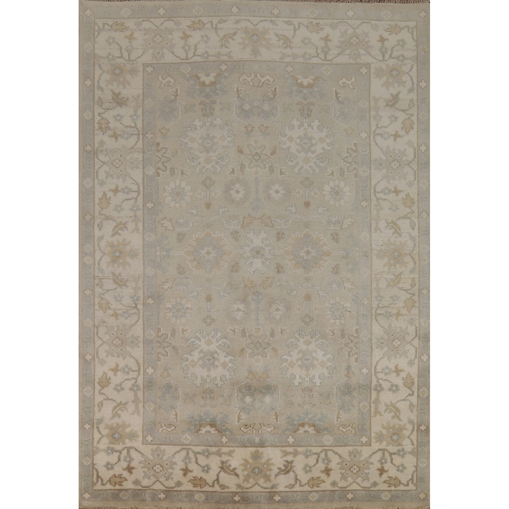 Transitional Beige Oushak Indian Area Rug Hand-Knotted Wool Carpet - 6'2" x 8'11"